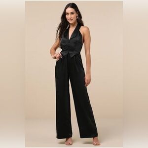 Lulu’s Sensationally Sophisticated Black Satin Halter Vest Jumpsuit Size Medium